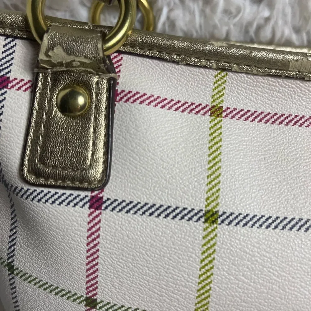 Coach Peyton Tattersal PVC Beige Plaid  Shoulder Purse gold trims & straps